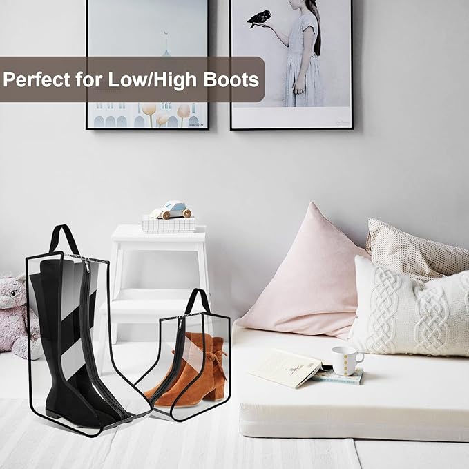 CiBiZi 2Pack Black Boot Bags Organizer for Travel Waterproof Cowboy Boots Bag Portable Shoe Travel Bag for Women Hangable Ski Boot Bag Dust-free Tall Boot Storage Bag （Clear ）