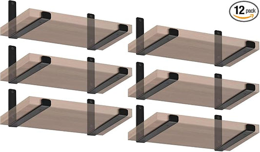 12 Pack - 9.25" L x 6" H x 1.5" W J Lip Shelf Brackets Rustic Farmhouse Iron Wall Floating Shelf Bracket Metal Shelf Bracket Industrial Shelf Supports with Screws Black
