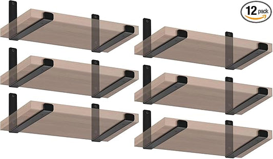 12 Pack - 5.5" L x 4" H x 1.5" W J Lip Shelf Brackets Rustic Farmhouse Iron Wall Floating Shelf Bracket Metal Shelf Bracket Industrial Shelf Supports with Screws Black