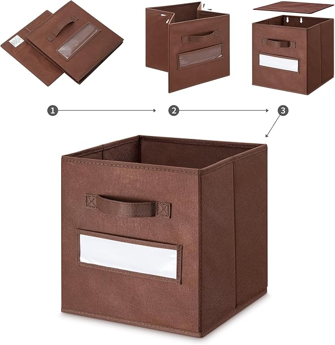 13x13x13 storage cube bins (Set of 10) Fabric storage cubes with 10 Labels Window Cards & a Pen, storage cubes 13x13, Collapsible 13 inch cube storage bins, Cubby Organizer Boxes, Brown