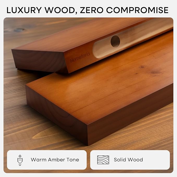 Homeforia 20 inch Floating Shelf Oak, High End Solid Real Wood 20inch Long Floating Shelves for Wall Mounted, Honey Oak Wooden 20in Floating Shelves, Heavy Duty Bracket, 20 X 6.5 X 1.75 inch, Set of 2
