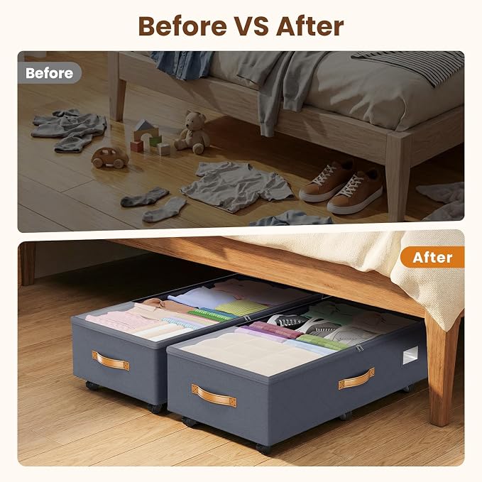 Budding Joy Under Bed Storage with Wheels 2Pack, 80L- Height Adjustable Underbed Containers with Clear Lids, Rolling Under Bed Shoe Storage Organizer for Dorm Home Clothes, Blankets, Toys, Grey