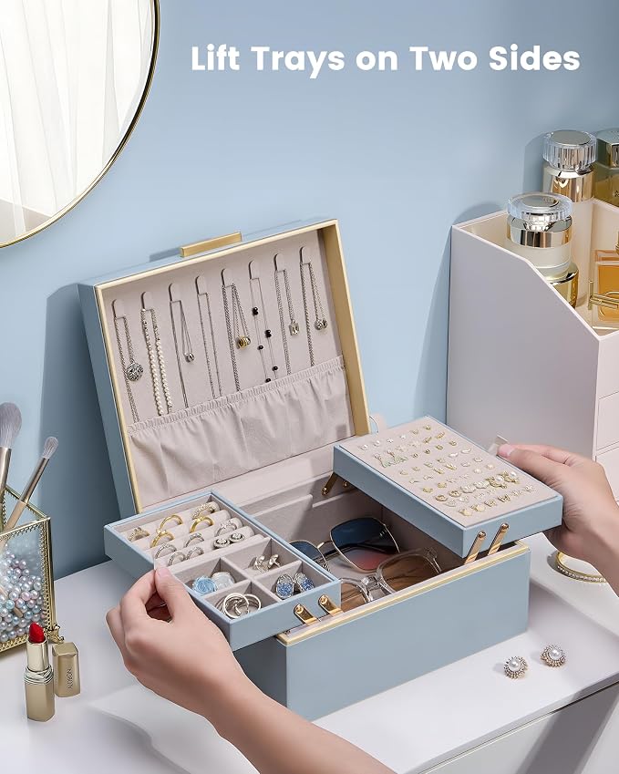 Lolalet Jewelry Box Organizer for Women Girls, 2 Layer Jewelry Organizers and Storage for Necklace Earrings Rings Bracelets, Large Jewellery Holder Case Birthday Gifts -HazeBlue