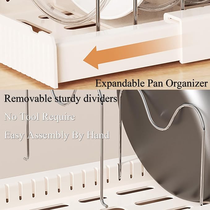 Pots and Pans Organizer Under Cabinet 10 Adjustable Dividers Expandable Pot Pan Lid Holder Organizers Rack inside Cabinet for Kitchen Storage Cookware, Cutting Boards, Lid, Dishes,White