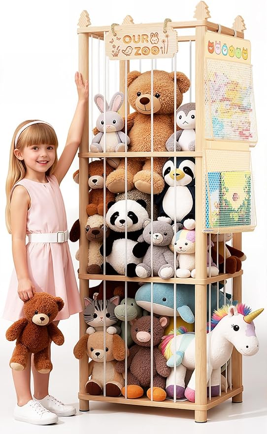 Stuffed Animal Storage - Large Wooden Toy Storage Organizer with 1 Removable Hanging Storage Net, Plush Toy Organizer for Kids' Rooms, Bedroom, Playroom or Nurseries