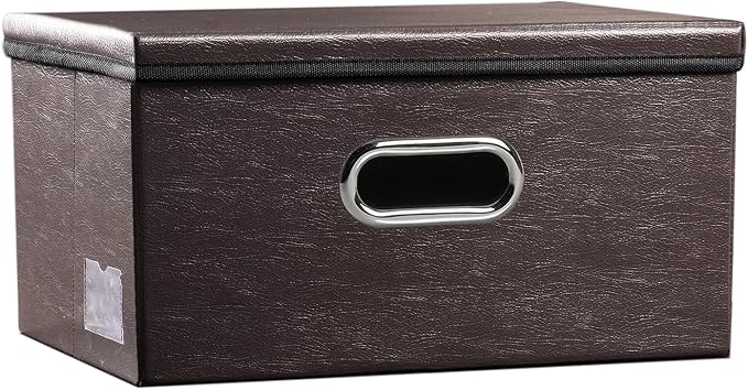 PRANDOM Collapsible Storage Box with Lid [1-Pack] Leather Fabric Foldable Storage Bin Organizer Container Basket Cube with Cover for Home Bedroom Closet Office Nursery Brown (13.6x9.6x6.9)