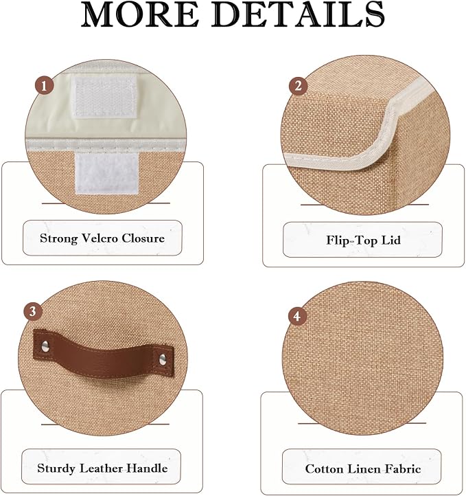 2PCS Collapsible Storage Boxes Baskets with Lid Cotton Linen Fabric Storage Bins with Faux Leather Handles Washable Cube Organizer Container for Home Closet Bedroom (Linen, Large Size)