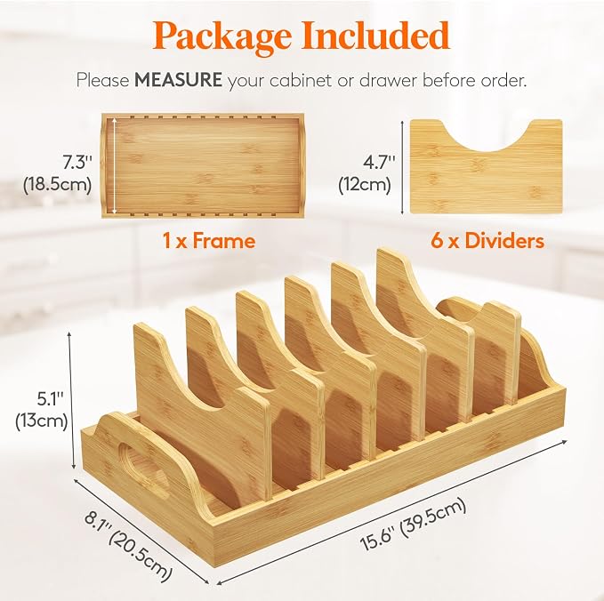 Lifewit Bamboo Pot Lid Organizers for Inside Cabinet, Pan Lid Holder with 6 adjustable Inserts & 7 Sections, Kitchen Pantry organizer and storage, Extra Large, 15.6" X 8.1"/40 x 21cm