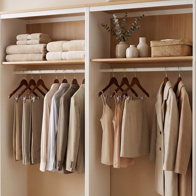 HOUSE DAY Wooden Hangers with Clips 24 Pack, Heavy Duty Walnut Wood Pants Hanger, Premium Skirt Hanger with Adjustable Clips, Solid Clip Hangers for Suit, Blouse, Dress, Coat, Jacket, Bottom