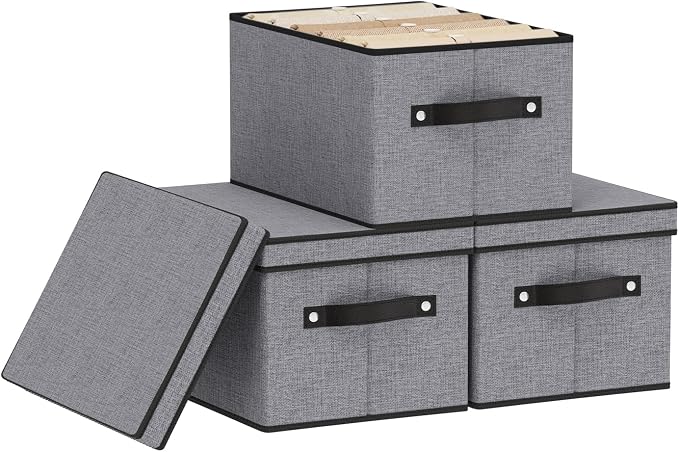 Storage Boxes, 7.1 x 9.1 x 13 Inch Closet Organizers for Shelves Bedroom Office with Handles, Storage Bins with Lids, Gray, 3-Pack