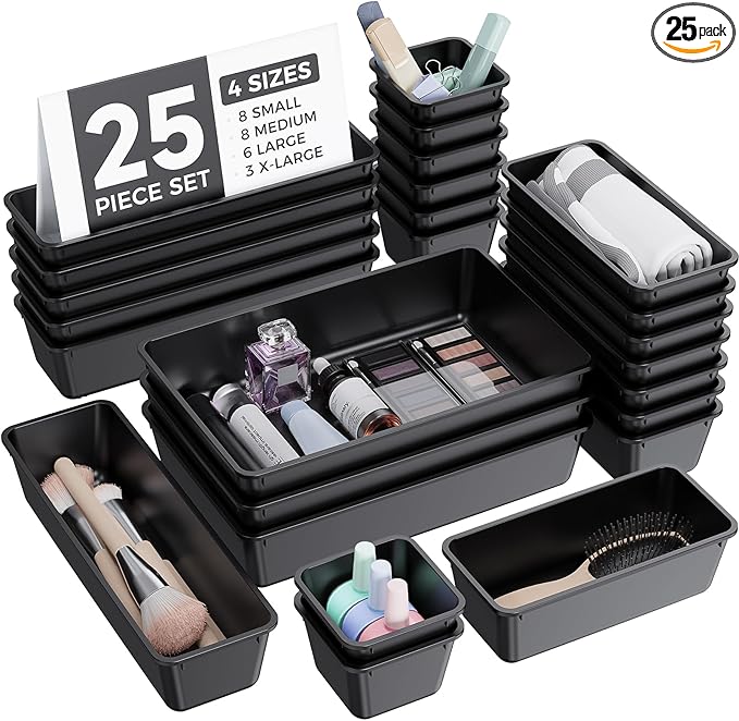 BiuLeon 25 PCS Plastic Drawer Organizers Set, 4-Sizes Vanity and Makeup Organizer, Desk and bathroom Drawer Organizer Trays, Organizers and Storage for Makeup, Jewelry, Gadgets, Utensils (Black)