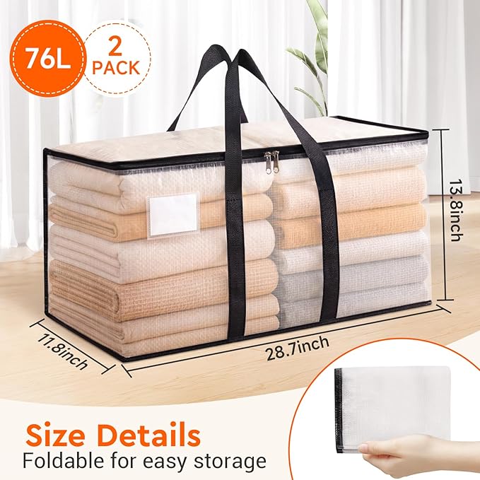 BlissTotes Moving Bags, 76L 2-Pack Storage Bags, Moving Box Heavy Duty Extra Large, Moving Totes with Zipper, Large Packing Bag with Reinforced Handles, Boxes for Packaging Moving