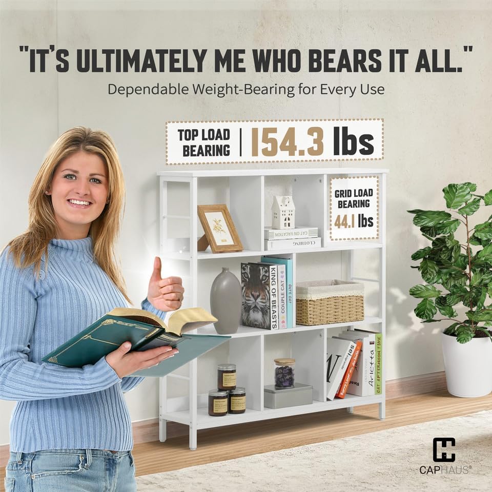 CAPHAUS 8 Cube Storage Organizer, 40” Wide 3 Tier White Industrial Open Shelf Bookcase, Display Shelf, Horizontal Booksh
