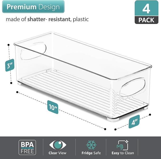 Sorbus Stackable Refrigerator Organizer Bins - Clear Storage Bins for Kitchen Pantry, Freezer & Fridge Organization - Food Organizing Plastic Containers with Handles for Countertops & Drawers (4 Pack)