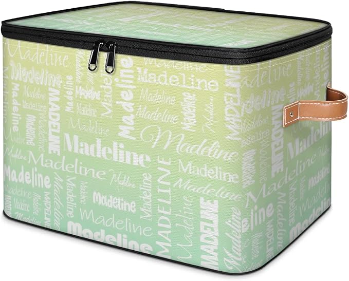 Custom Storage Basket with Name, Personalized Keepsake Box with Zipper Lid, Foldable Fabric Memory Bin Large capacity with Handle Yellow Green