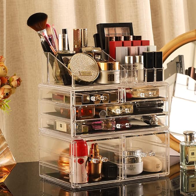 Cq acrylic 3 Pack Clear Makeup Storage Organizer,Stackable 6 Drawers Make Up Organizers,Cute Desk Organizer for Vanity Jewelry,Hair Clip,Beauty,Skincare Product Bathroom Counter Organizers and Storage