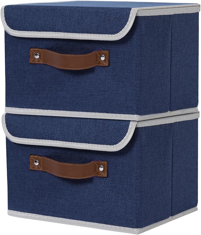 ANMINY 2PCS Storage Bin with Lid Storage Boxes with PU Leather Handles PP Plastic Board Decorative Foldable Lidded Cotton Linen Fabric Home Cubes Baskets Closet Organizer Container - Blue, Medium