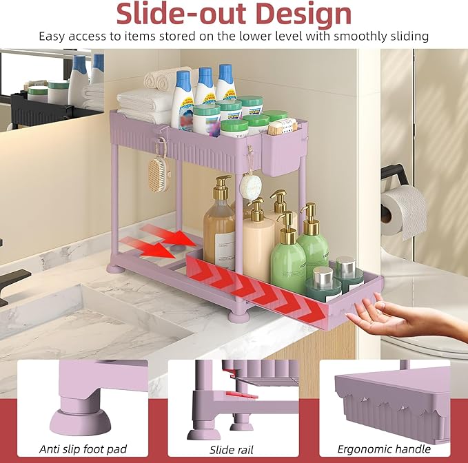 Sevenblue 4-Pack 2-Tier Under Sink Organizer with Pull Out Drawers | Multi-use kitchen & bathroom storage. Includes hanging hooks and cups. Pink, space-saving cabinet design. 14.8 Inch