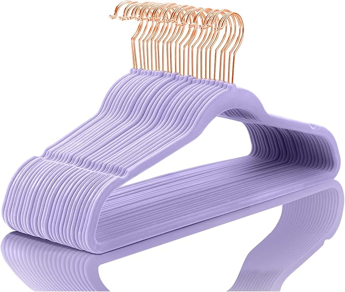 MIZGI Premium Velvet Hangers (50 Pack) - Heavy Duty Non Slip Felt Suit Hangers - Light Purple Rose Gold Hooks, Space Saving