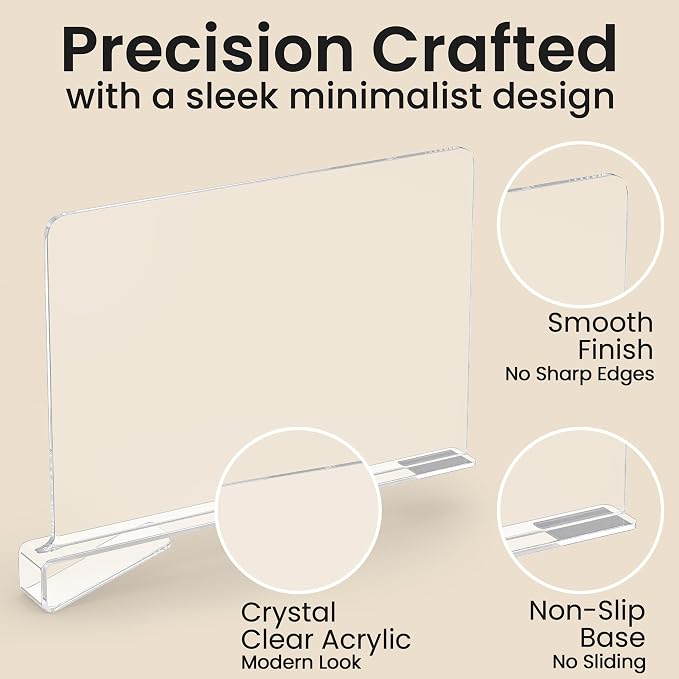 6- Pack Clear Acrylic Shelf Dividers-Non-Slip Closet Organizers for Sweaters, Bags, Towels- Shelf Separators for Bedroom, Kitchen, Office