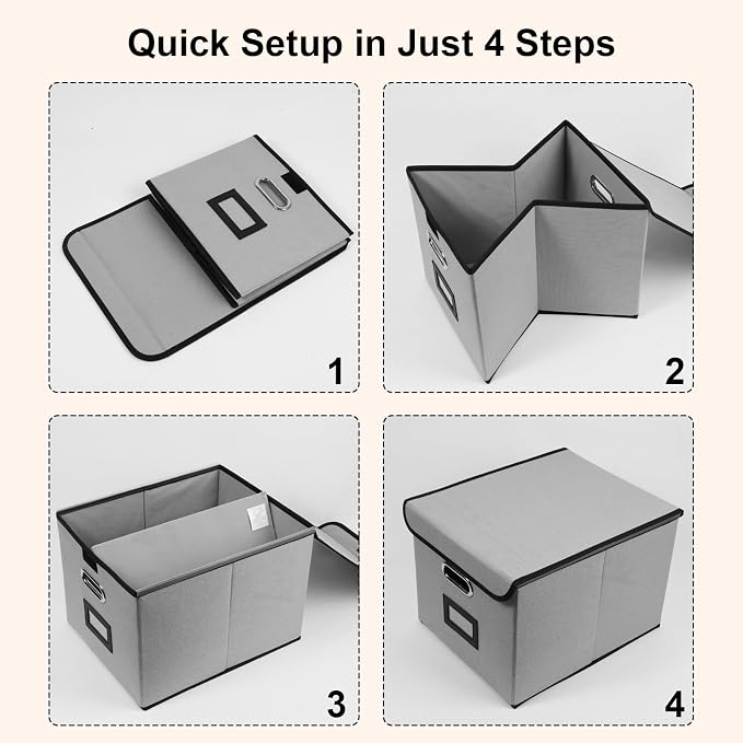 File Storage Box with Lid, 15.55x12.87x10.43 Inches, Foldable Organizer with Handles & Label Slot, for File Storage, Home, Office, and Closet Organization(2 Packs, Grey)