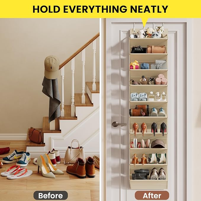 Mefirt 20-25 Pairs Over the Door Shoe Organizer, Clear Pockets Shoe Rack for Closet Door, 10-Tier Hanging Shoe Rack for Boots, Behind the Door Shoe Holder Fit All the Family's Sneakers, Heels, Beige