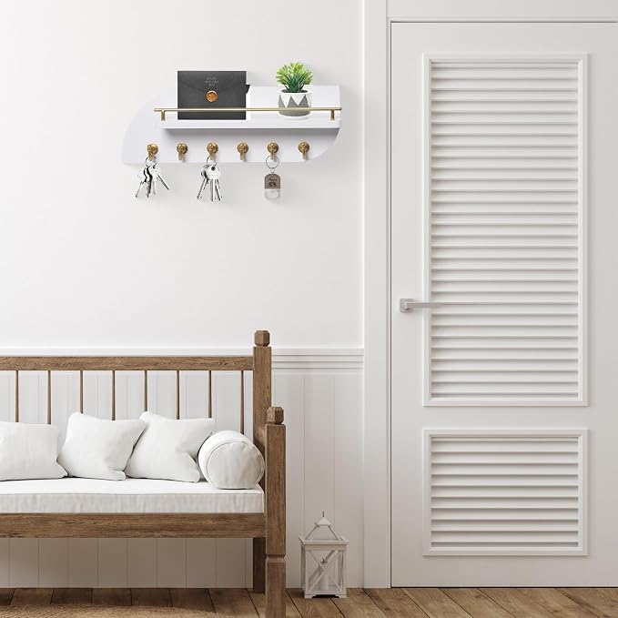 Key Holder for Wall, Decorative Key and Mail Organizer with 6 Sturdy Metal Hooks and Floating Shelf, 14 Inches Wood Wall Mounted Key Rack for Entryway, White and Gold