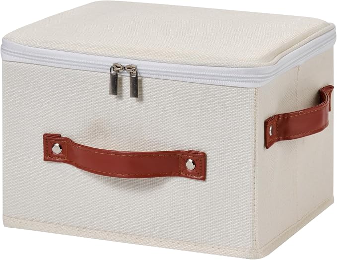 Storage Bin Box with Zippered Lid Cotton Linen Fabric Decorative Basket with PU Leather Handles PP Plastic Board Foldable Lidded Clothing Shelf Closet Organizer Container (Beige, Small)