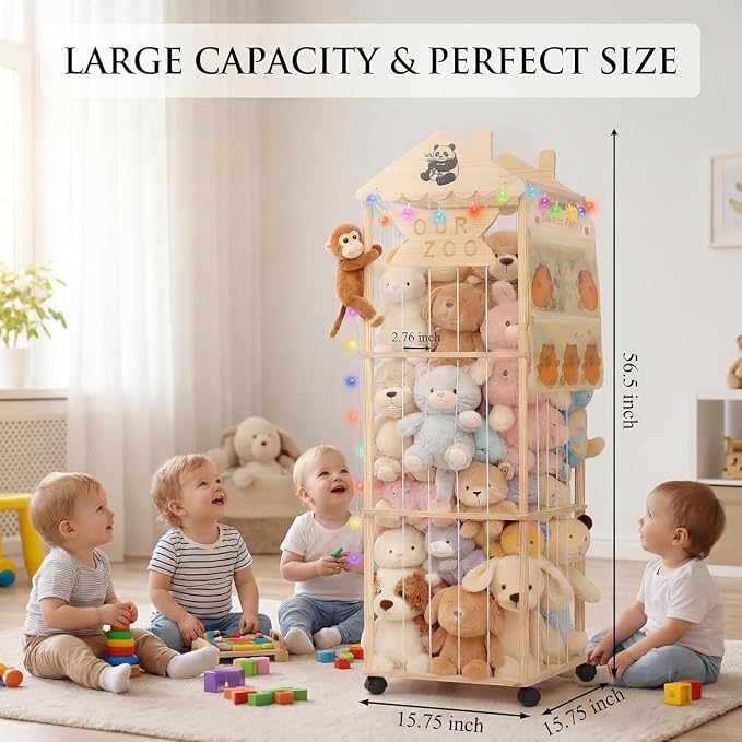 KITHELP Stuffed Animal Storage, Extra Large Stuffed Animal Organizer with Wheels, Wooden Tall Animal Zoo Display, Plushies Toy Holder with Lights and Pockets for Nursery, Playroom, Bedroom