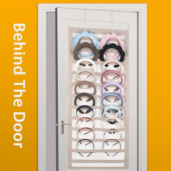 Artilife Hanging Headband Holder for Over The Door and Closet, 24 Slots Felt Head Band Organizer Shelf