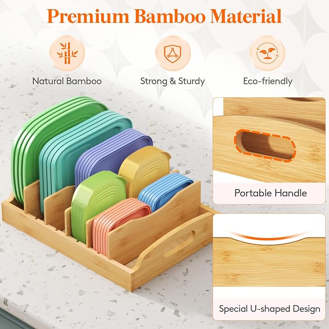 Lifewit Bamboo Lid Organizers for Inside Cabinet, Food Storage Container Lid Holder with 5 adjustable Inserts & 6 Sections, Kitchen Pantry organizer and storage, Large, 13.2" x 10"/34 x 25cm