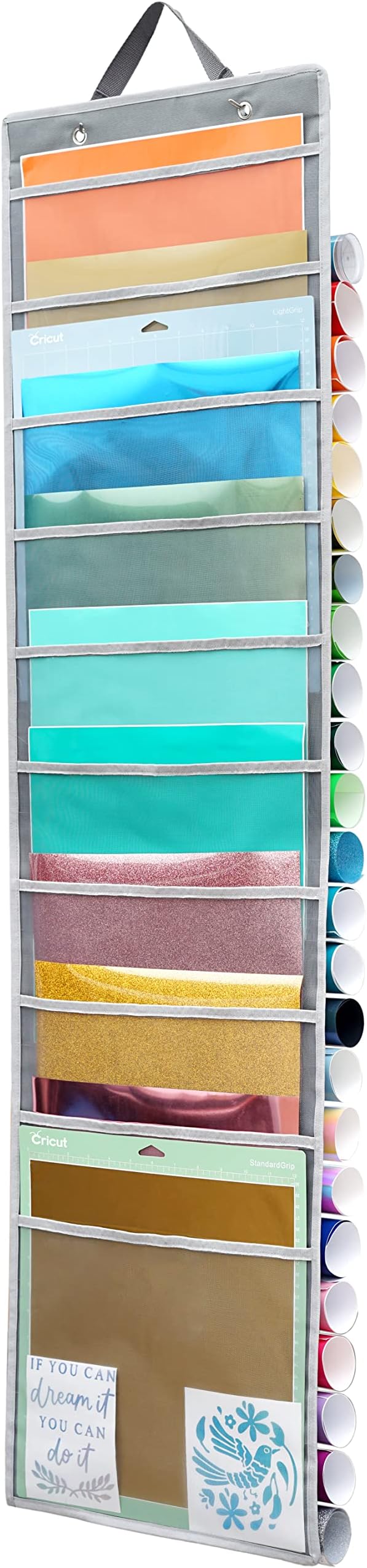 Hanging Vinyl Organizer, Double-Sided, ZENXUS 25 Compartments Roll Storage, Backside 10 Pockets for 12x12 Vinyl Sheet, Cardstock, Scrapbook Paper, Door Hooks Included