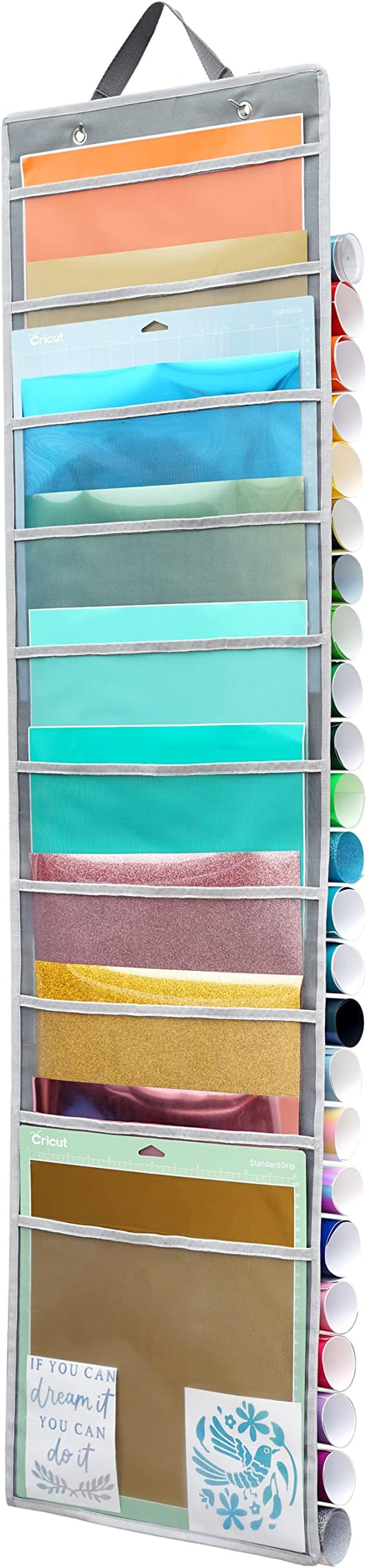 Hanging Vinyl Organizer, Double-Sided, ZENXUS 25 Compartments Roll Storage, Backside 10 Pockets for 12x12 Vinyl Sheet, Cardstock, Scrapbook Paper, Door Hooks Included