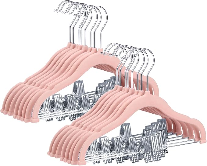 ManGotree 11.8'' Baby Velvet Hangers with Movable Clips, Non-Slip Kids Clothes Hangers, Ultra-Thin Space-Saving Children's Felt Hangers for Shirts, Pants, Dresses, Skirts, Jackets (16 Pack, Pink)