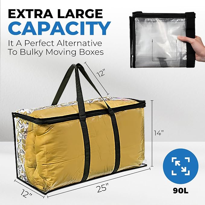 VitalUp 2 Pack Clear Large Moving Bags, Heavy Duty Storage Bags, College Totes, Storage Bins, for Organizing Blankets, Clothing for College, Dorm, Packing, Durable with Zipper and Handle 25x14x12