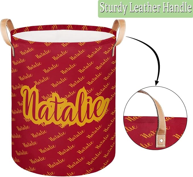 Personalized Laundry Basket, Custom Gift Laundry Hamper, Collapsible Nursery Waterproof Laundry Baskets, Dirty Clothes Toy Hamper with Handles Name Gold Red