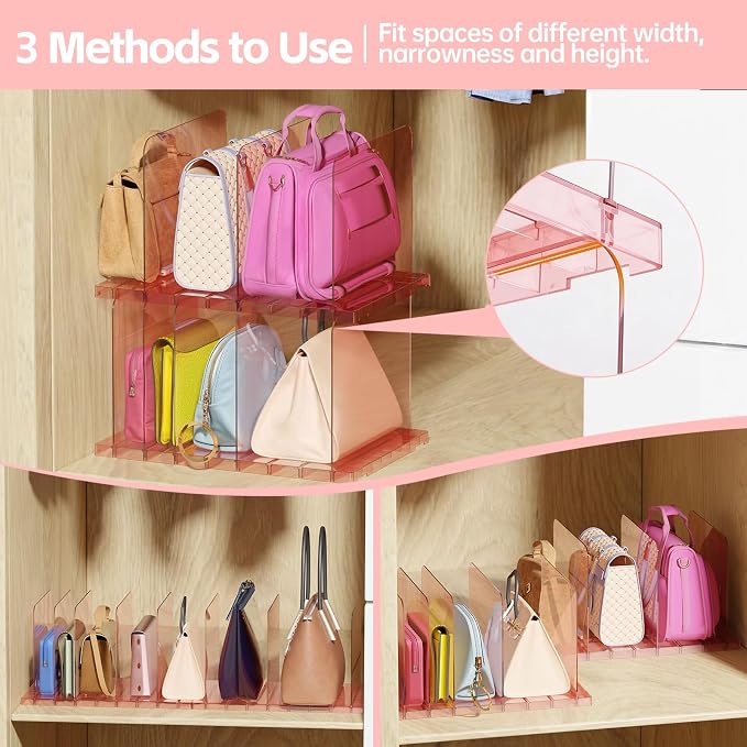 PAVSTINE 2 Pack Purse Organizer for Closet, Stackable Storage Shelf, Pink | Adjustable Clear Shelf Dividers, Keep Clutch, Bag, Pocketbook Upright, Stackable to Save Space, for Bedroom