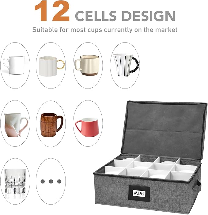 HURZMORO Mug Storage Box with 12 Compartments, Gray Hard Shell Container, Padded Dividers, Dual Handles, Zipper Lid for Coffee Cup Organization and Moving(2, Coffee Cup Storage Box)