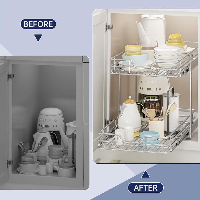 2-Tier Pull Out Cabinet Organizer, 16.5" W x 21.5" D, Heavy Duty Dual Slide Out Shelves for Base Cabinets, Chrome Wire Basket Drawer for Pantry, Kitchen & Bathroom Storage