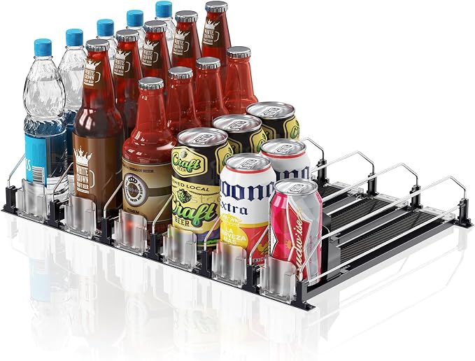 Drink Organizer for Fridge,12oz 16oz 20oz - Soda Can Dispenser for Refrigerator,Width Adjustable,Automatic Pusher Glide (Black, 15" D 6ROW, Holds 30 Cans)