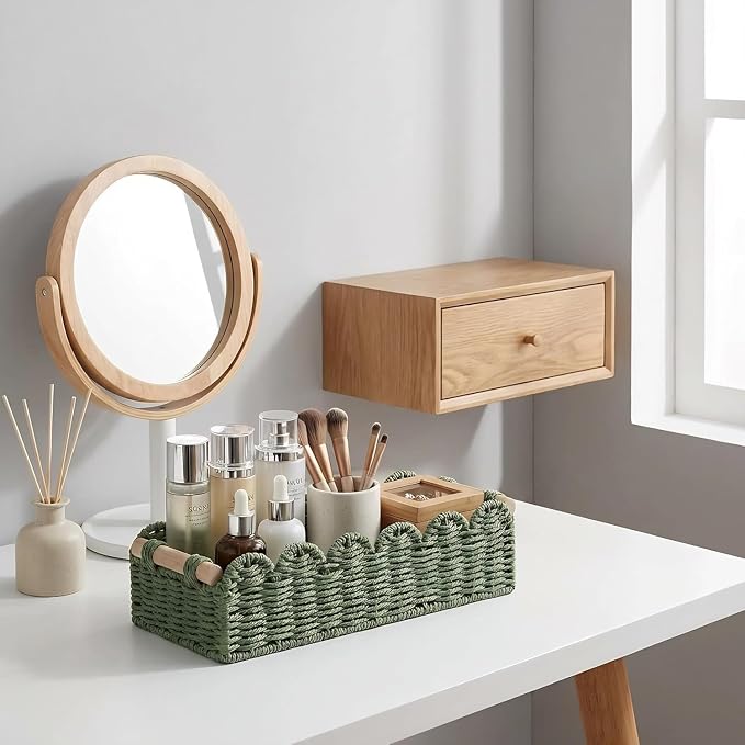 CubesLand Scalloped Edge Decor Baskets for Home, Living Room, Toilet Paper Storage Basket for Over Toilet Shelf, End Table,Shelves and More, Small Paper Rope Baskets Both Storage&Decor, Set 2 Green