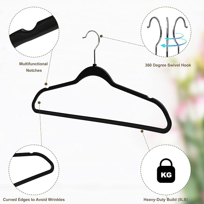 Quality Hangers 160 Pack Plastic Hangers for Clothes - Slim Non-Velvet Hangers with 360° Swivel Chrome Hook & Non Slip Notches - Ideal for Dresses Coats Shirts Jackets & More - Black