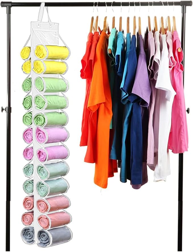 Legging Storage Bag Hanger - Can Hold 24 Leggings, Shirts or Jeans - Foldable Clothes Organizer, Portable Closet Roll Holder (White)