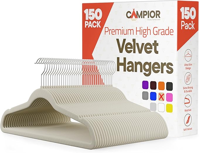 Ivory Velvet Hangers 150 Pack – 360° Swivel Hook, Non-Slip and Space Saving Hangers, Heavy-Duty 11 lbs Weight Capacity - Smooth Velvet Finish for Crease-Free Clothes and Effortless Closet Organization