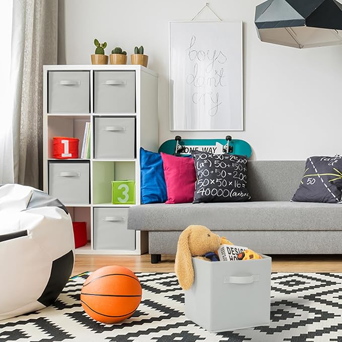 Stero Fabric Storage Bins 6 Pack Fun Colored Durable Storage Cubes with Fabric Handles Foldable Cube Baskets for Home, Kids Room, Closet and Toys Organization Gray