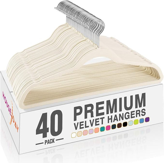 HOUSE DAY Ivory Velvet Hangers 40 Pack, Non Slip Clothes Felt Hanger Heavy Duty for Coat, Premium Slim Space Saving Suit Hangers for Closet Organizer, 360° Rotating Silver Hook