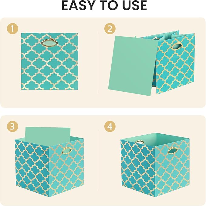 Posprica 11x11x11 Storage Cube Bins, Collapsible Storage Bins Fabric Storage Cubes Organizer Baskets Box Drawers for Shelves, Closet, Wardrobe, Bookshelf, Cabinet, Sky Blue/Gold Lantern, 4 Pack