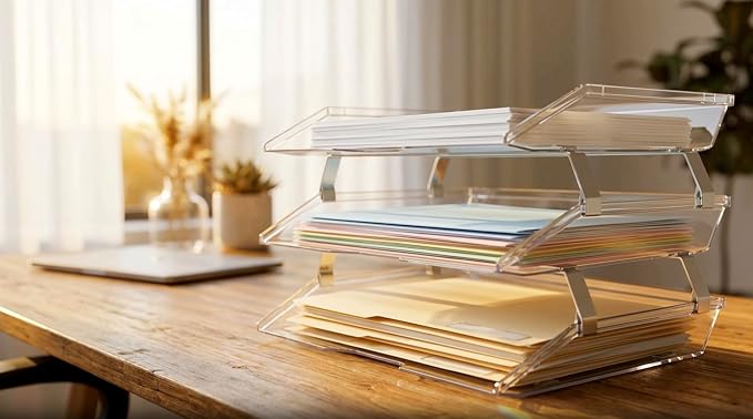 Acrimet 3 Tier Paper Tray Organizer, Stackable Desk File Organizer for Documents, Mail, Letters and Letter Size Paper, Desktop Organizer for Home Office, School and Classroom, Plastic, Crystal Clear