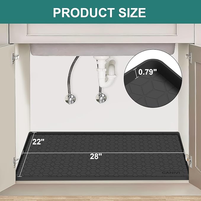 Under Sink Mat, 28" x 22" Waterproof Silicone Under Sink Tray for Kitchen & Laundry Cabinets, Kitchen Cabinet Shelf Protector, Up to 3 Gallons Liquid, Fits 36 inch Standard Cabinet (Black)
