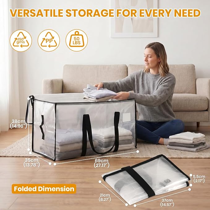 Velway Pack of 4 95 L Storage Bags, Heavy-Duty Christmas Warehouse, Transparent Moving Boxes, Large, Foldable with Zip Handle, Waterproof Storage Bag for Moving Bedding, Clothing Storage